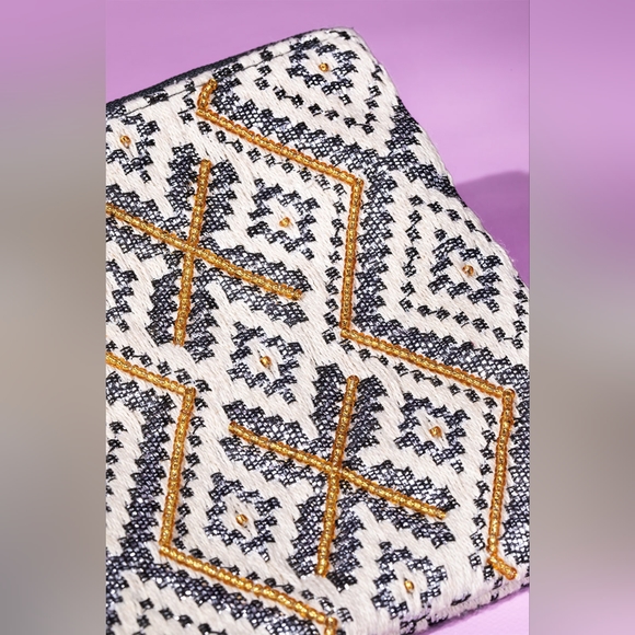 Handmade Hand Beaded Wristlet Clutch - Ethnic Inspired Motive - Gold Seed Beeds - Picture 5 of 11